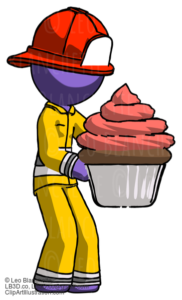 Purple Firefighter Fireman Man Holding Large Cupcake Ready To Eat Or Serve #14064