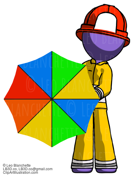 Purple Firefighter Fireman Man Holding Rainbow Umbrella Out To Viewer #14065