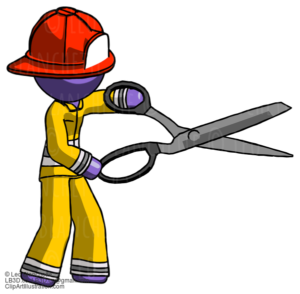 Purple Firefighter Fireman Man Holding Giant Scissors Cutting Out Something #14067