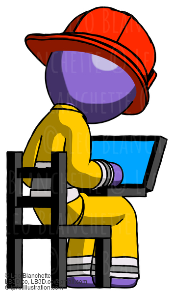 Purple Firefighter Fireman Man Using Laptop Computer While Sitting In Chair View From Back #14069