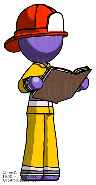 Purple Firefighter Fireman Man Reading Book While Standing Up Facing Away #14073