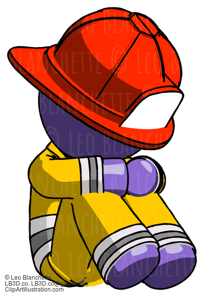 Purple Firefighter Fireman Man Sitting With Head Down Facing Angle Right #14074