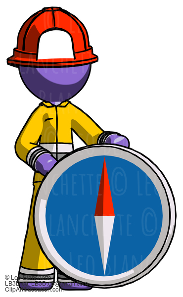 Purple Firefighter Fireman Man Standing Beside Large Compass #14084