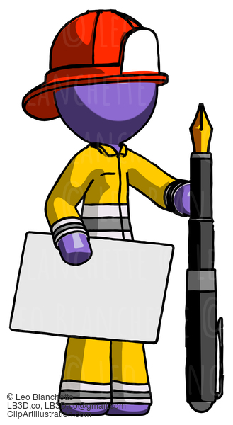 Purple Firefighter Fireman Man Holding Large Envelope And Calligraphy Pen #14087