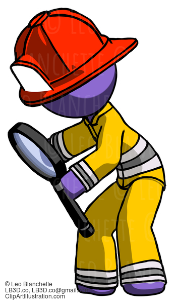 Purple Firefighter Fireman Man Inspecting With Large Magnifying Glass Left #14089