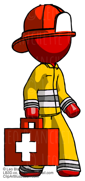 Red Firefighter Fireman Man Walking With Medical Aid Briefcase To Right #13178