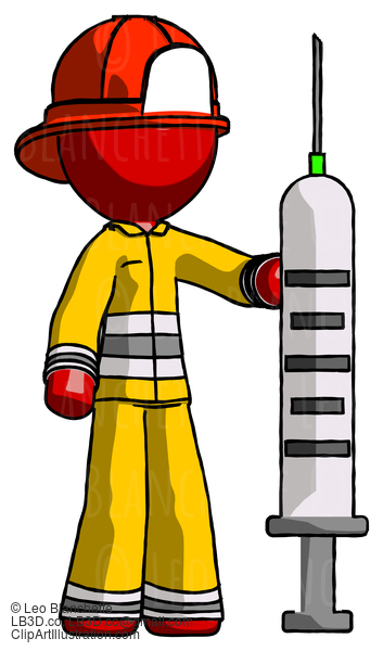 Red Firefighter Fireman Man Holding Large Syringe #13179