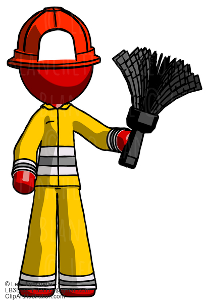 Red Firefighter Fireman Man Holding Feather Duster Facing Forward #13180