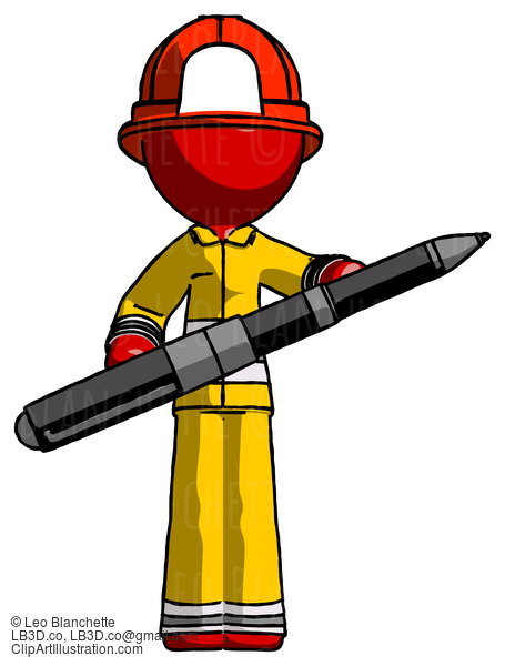 Red Firefighter Fireman Man Posing Confidently With Giant Pen #13187