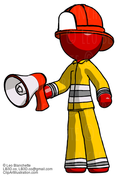 Red Firefighter Fireman Man Holding Megaphone Bullhorn Facing Right #13192