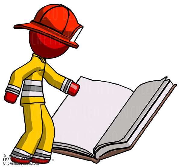 Red Firefighter Fireman Man Reading Big Book While Standing Beside It #13195