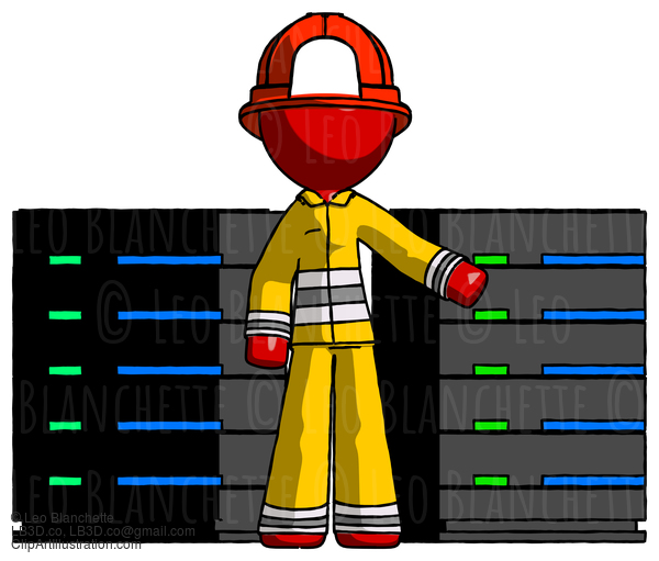 Red Firefighter Fireman Man With Server Racks, In Front Of Two Networked Systems #13196