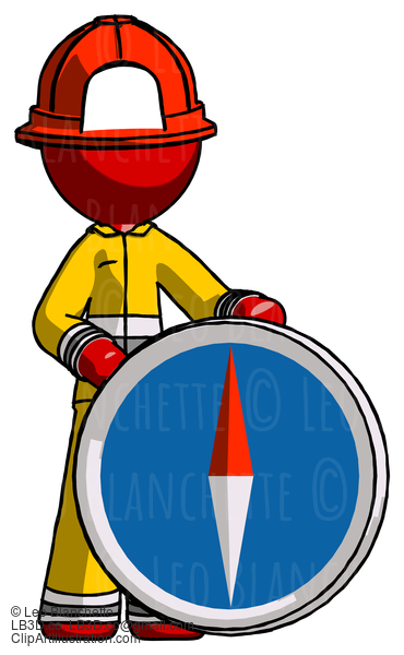 Red Firefighter Fireman Man Standing Beside Large Compass #13197