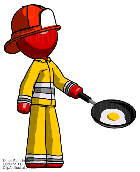 Red Firefighter Fireman Man Frying Egg In Pan Or Wok Facing Right #13200