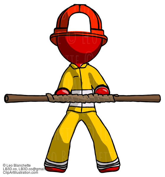 Red Firefighter Fireman Man Bo Staff Kung Fu Defense Pose #13202