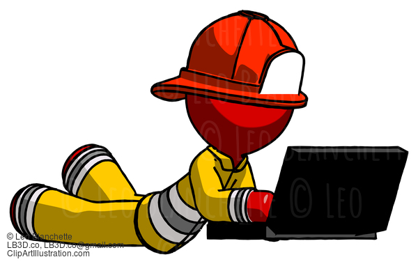 Red Firefighter Fireman Man Using Laptop Computer While Lying On Floor Side Angled View #13203