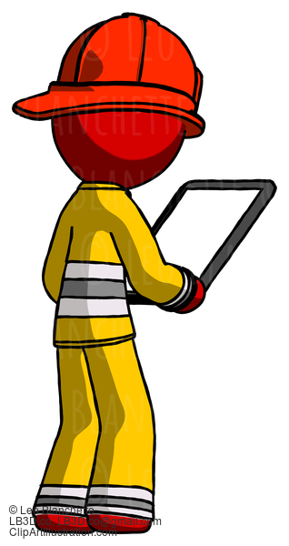 Red Firefighter Fireman Man Looking At Tablet Device Computer Facing Away #13211