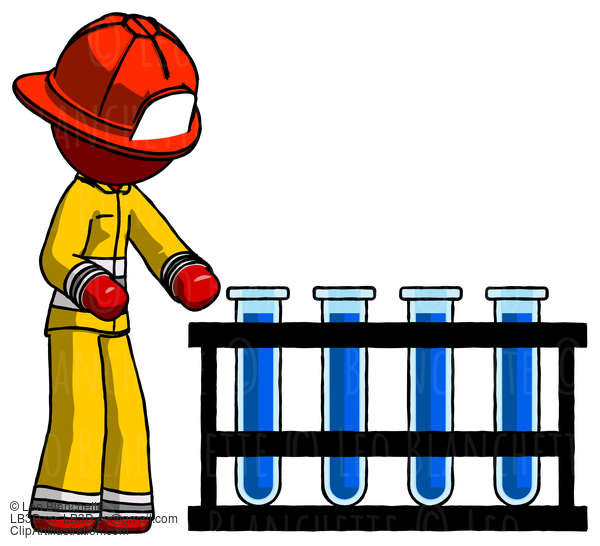 Red Firefighter Fireman Man Using Test Tubes Or Vials On Rack #13212