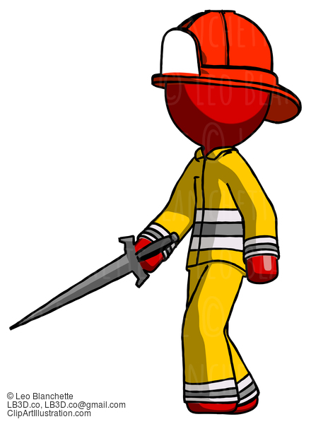 Red Firefighter Fireman Man With Sword Walking Confidently #13215