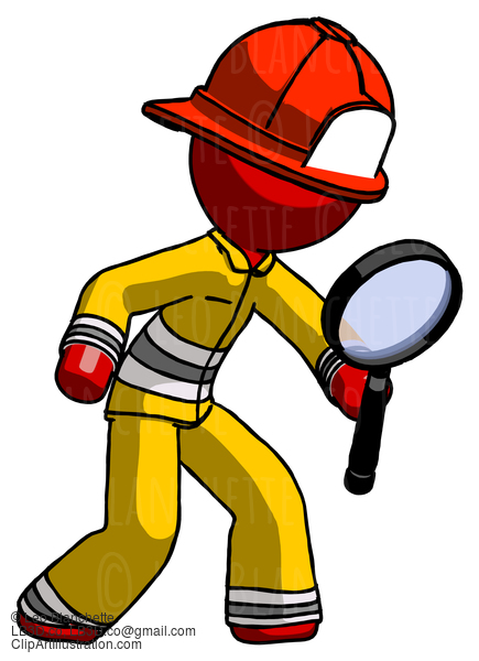 Red Firefighter Fireman Man Inspecting With Large Magnifying Glass Right #13219