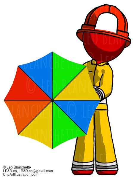 Red Firefighter Fireman Man Holding Rainbow Umbrella Out To Viewer #13225