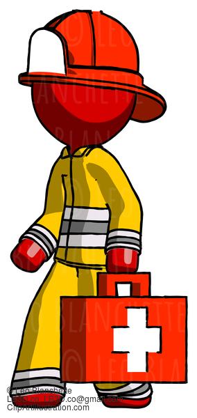 Red Firefighter Fireman Man Walking With Medical Aid Briefcase To Left #13226