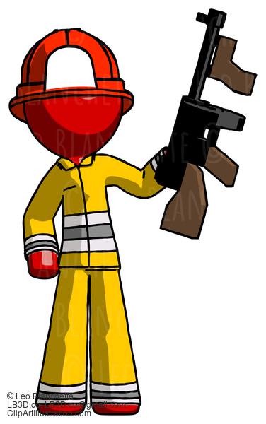 Red Firefighter Fireman Man Holding Tommygun #13228