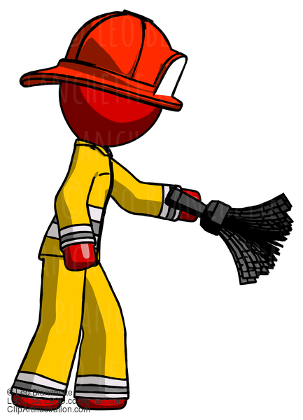 Red Firefighter Fireman Man Dusting With Feather Duster Downwards #13233