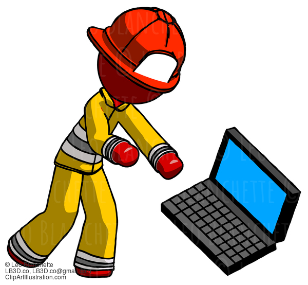 Red Firefighter Fireman Man Throwing Laptop Computer In Frustration #13234