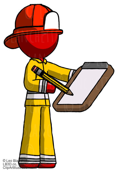 Red Firefighter Fireman Man Using Clipboard And Pencil #13239