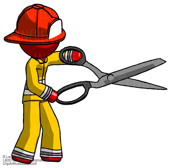 Red Firefighter Fireman Man Holding Giant Scissors Cutting Out Something #13245