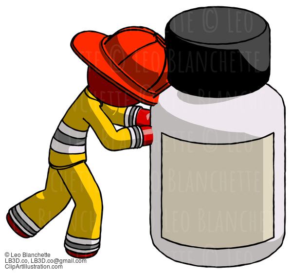 Red Firefighter Fireman Man Pushing Large Medicine Bottle #13246