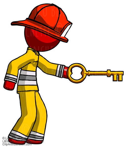 Red Firefighter Fireman Man With Big Key Of Gold Opening Something #13247