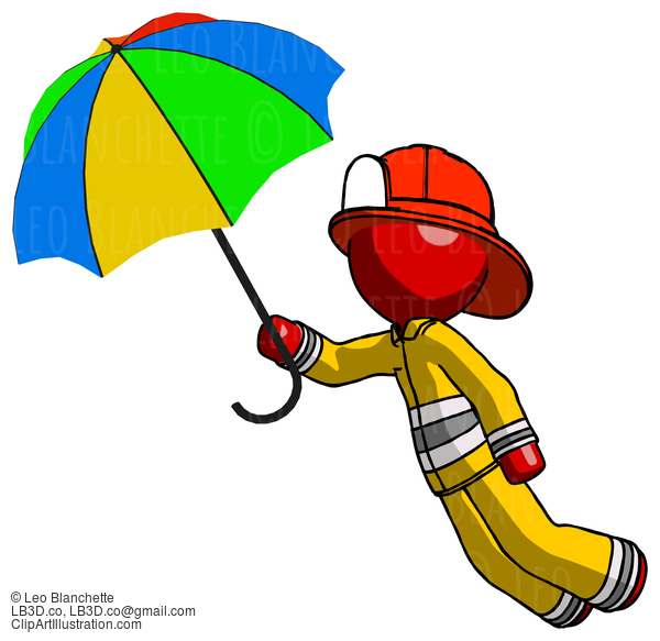 Red Firefighter Fireman Man Flying With Rainbow Colored Umbrella #13252