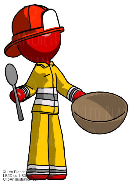 Red Firefighter Fireman Man With Empty Bowl And Spoon Ready To Make Something #13253