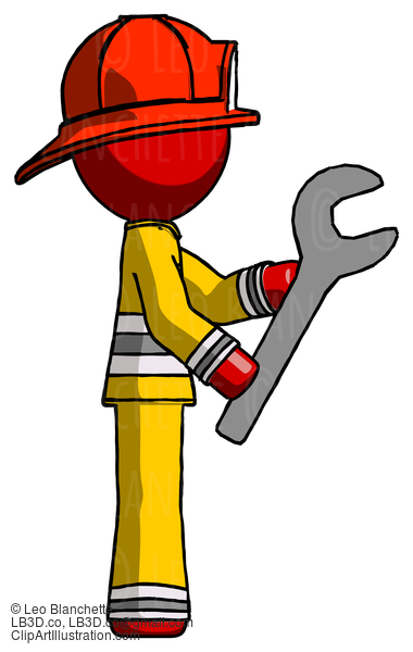 Red Firefighter Fireman Man Using Wrench Adjusting Something To Right #13254