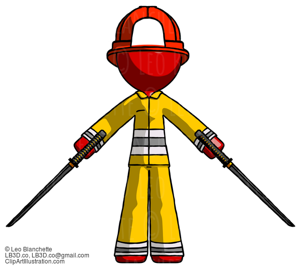 Red Firefighter Fireman Man Posing With Two Ninja Sword Katanas #13256