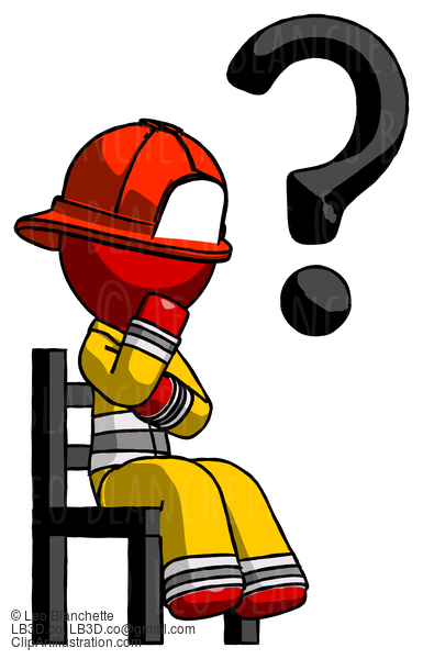 Red Firefighter Fireman Man Question Mark Concept, Sitting On Chair Thinking #13257