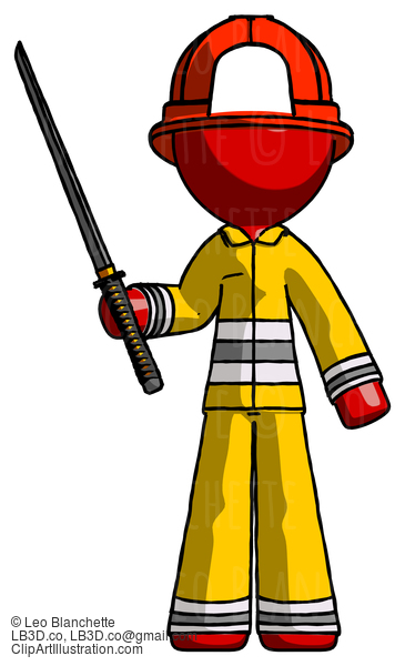 Red Firefighter Fireman Man Standing Up With Ninja Sword Katana #13259