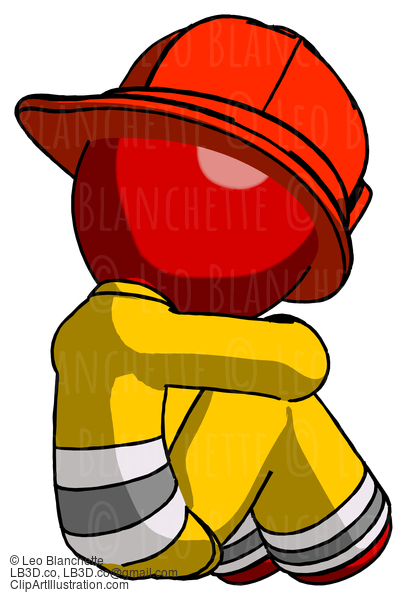 Red Firefighter Fireman Man Sitting With Head Down Back View Facing Right #13262