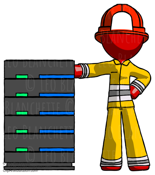 Red Firefighter Fireman Man With Server Rack Leaning Confidently Against It #13263