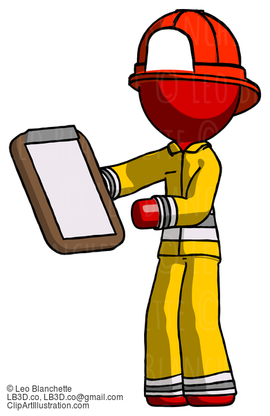 Red Firefighter Fireman Man Reviewing Stuff On Clipboard #13264