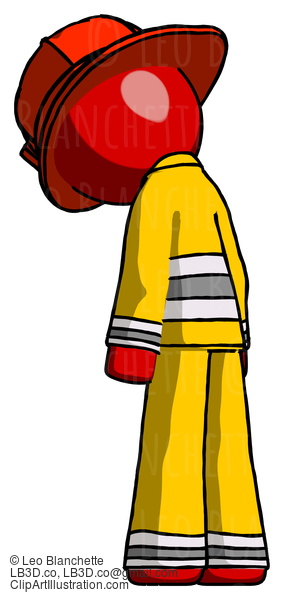 Red Firefighter Fireman Man Depressed With Head Down, Back To Viewer, Left #13265