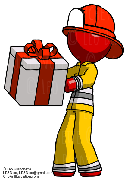 Red Firefighter Fireman Man Presenting A Present With Large Red Bow On It #13273