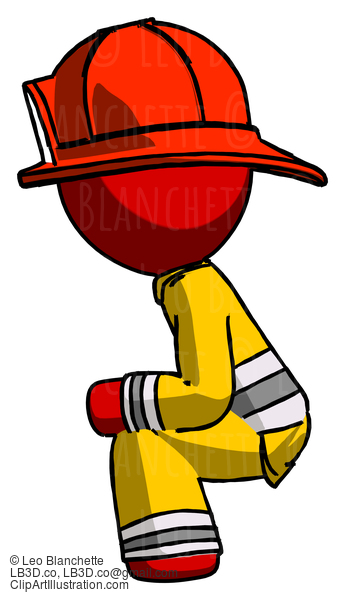 Red Firefighter Fireman Man Squatting Facing Left #13277