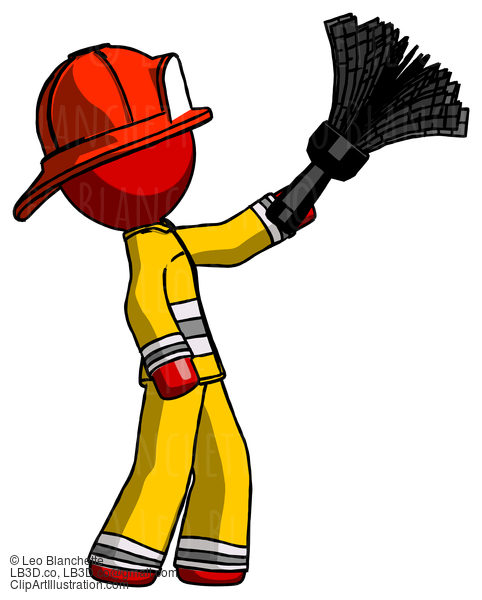 Red Firefighter Fireman Man Dusting With Feather Duster Upwards #13279