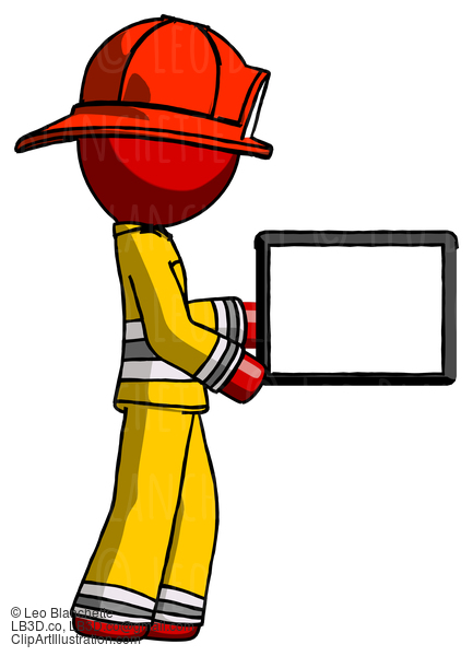 Red Firefighter Fireman Man Show Tablet Device Computer To Viewer, Blank Area #13281