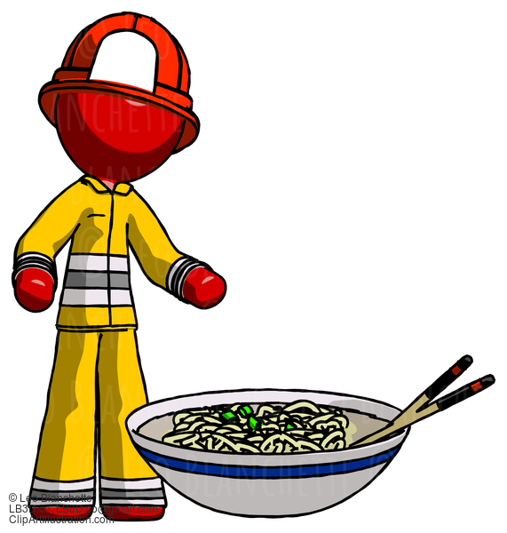 Red Firefighter Fireman Man And Noodle Bowl, Giant Soup Restaraunt Concept #13284