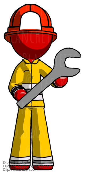 Red Firefighter Fireman Man Holding Large Wrench With Both Hands #13288