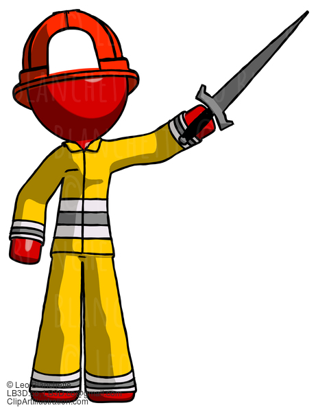 Red Firefighter Fireman Man Holding Sword In The Air Victoriously #13290